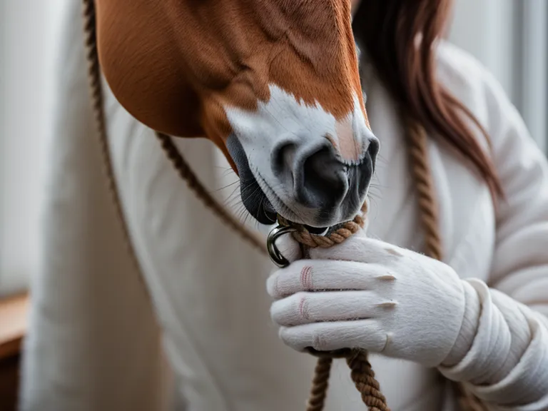 Manejo a pie de principiante: manos apretando el ramal junto al caballo antes de la clase
