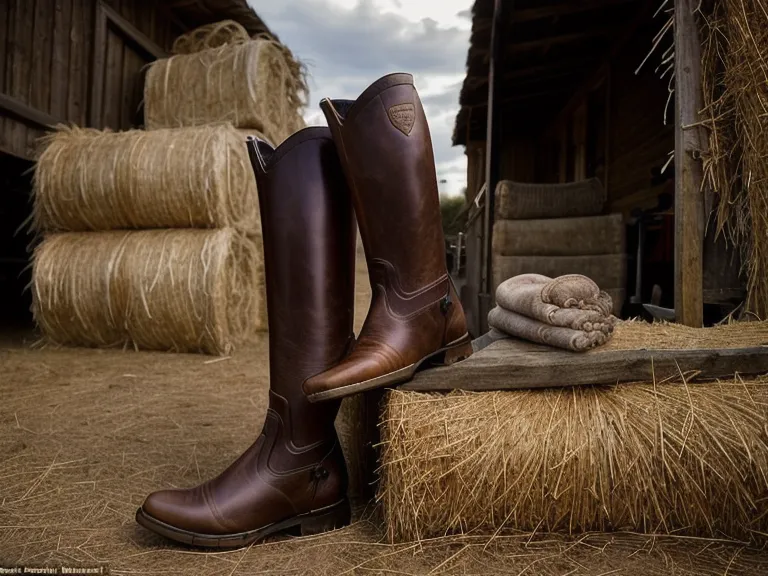 Botas de equitación de cuero usadas junto a una paca de heno en el establo